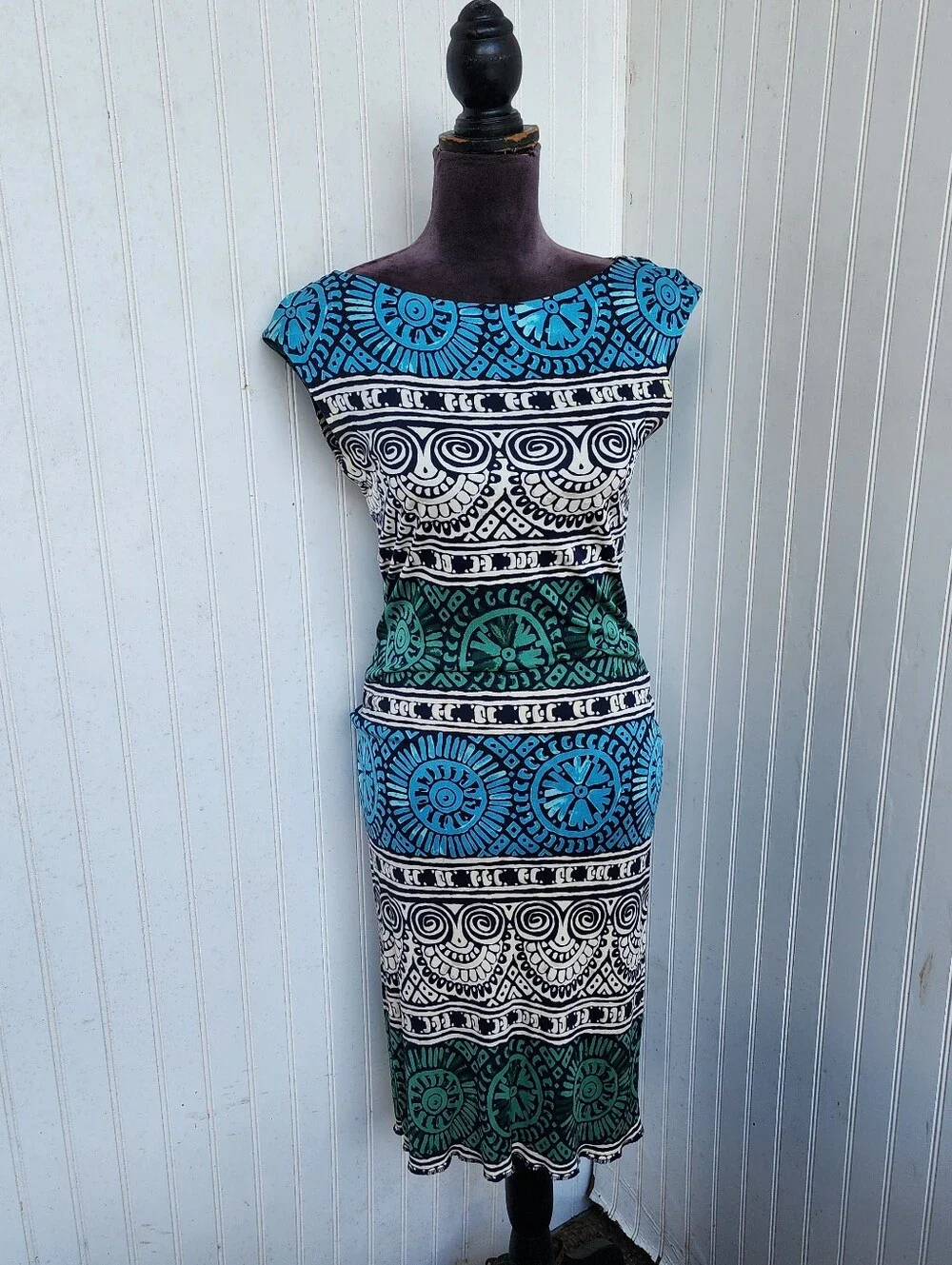 Tory Burch Medallion Print Cap Sleeve Silk Shift Dress Blue Green Stripe XS